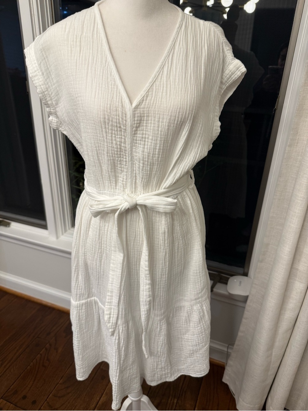 Magaschoni White Gauze V-Neck Tie-Waist Midi Dress